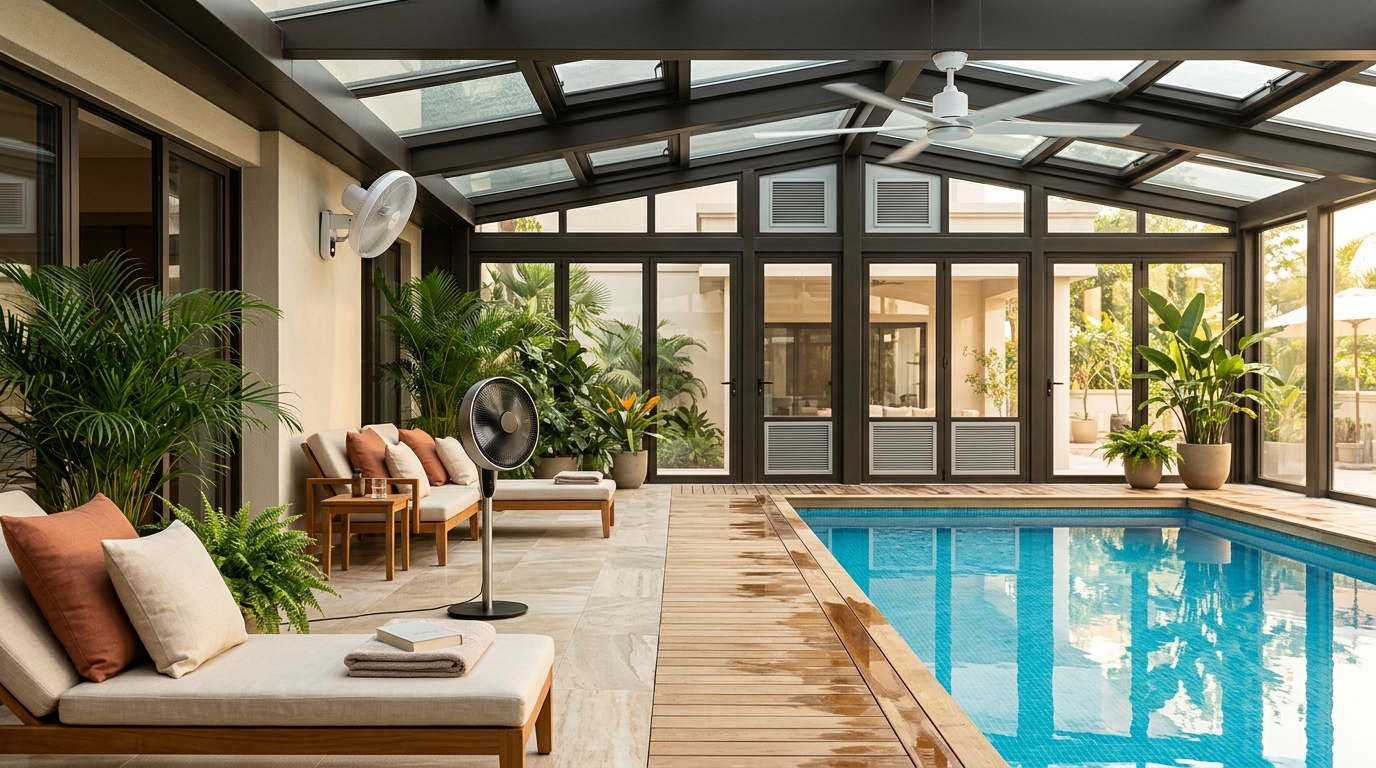 Poolside Comfort Tech: Fans, Ventilation, and Climate Control Inside Your Pool Enclosure