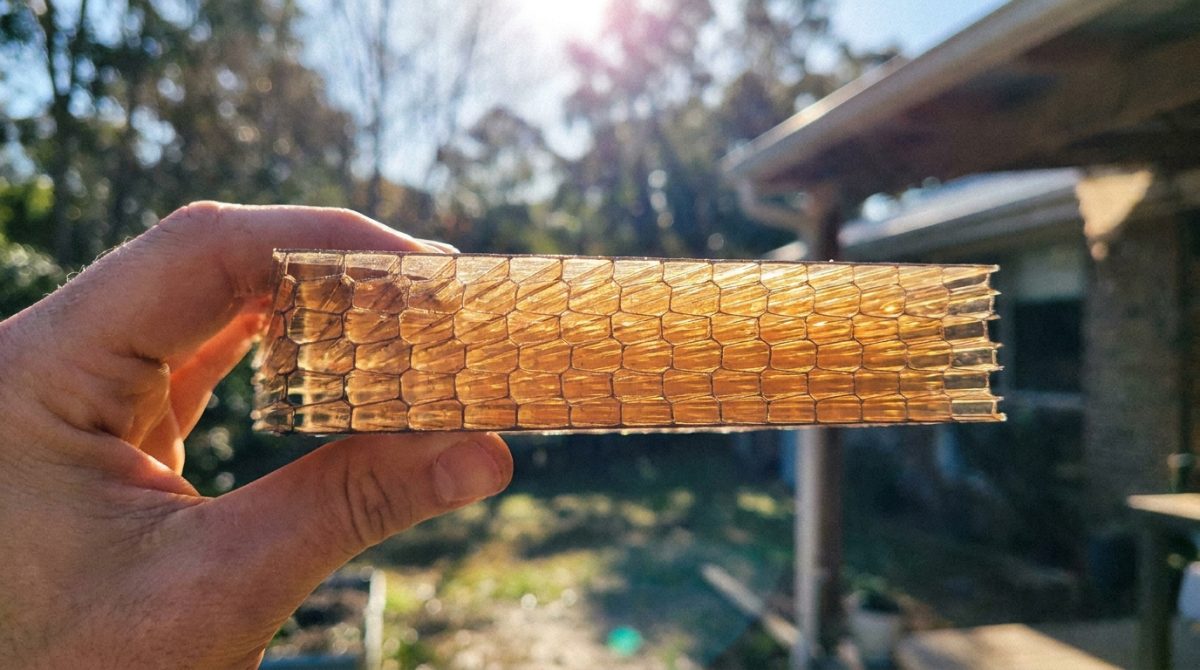 A cross-section of a multiwall polycarbonate glazing panel being held up to sunlight, showing the internal cell structure and the translucent amber tint of the material